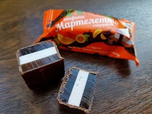 Конфета Глазированные конфеты со сливочным суфле и сочным двухслойныи мармеладом со вкусом апельсина-черной смородины