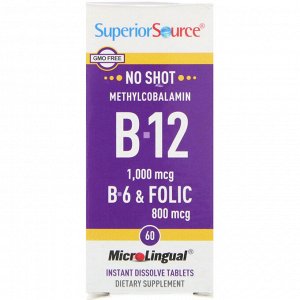 Superior Source, Метилкобаламин B-12, B-6 и фолиевая кислота, 1000 мг / 800 мг, 60 таблеток