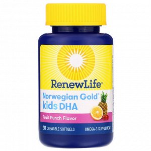 Renew Life, Norwegian Gold, ДГК для детей, со вкусом фруктового пунша, 200 мг, 60 жевательных мягких капсул