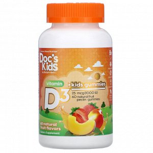 Doctor's Best, Doc's Kids, жевательные таблетки с витамином D3, полностью натуральные фруктовые вкусы, 25 мкг (1000 МЕ), 60 жевательных таблеток с натуральным фруктовым пектином
