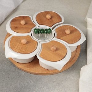 Набор мисок керамический для снэков на деревянной подставке «Эстет», 5 блюд: 12,5x7,5, соусник 8x5 см, 5 шпажек