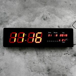 Часы настенные электронные с календарём. красные цифры. 48х5х13 см