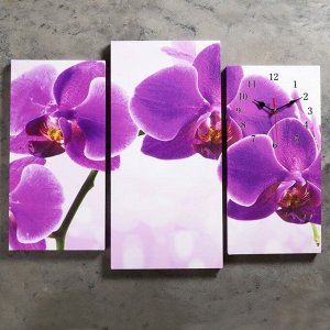 Часы настенные, модульные, серия: Цветы, "Фиолетовые орхидеи", 60х80 см