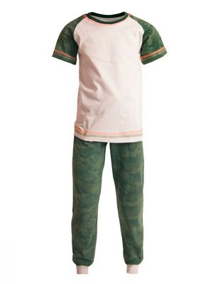 Пижама Пижама для мальчиков, рукав-регланФутболка+брюкиСостав: 100% хлопокРазмерный ряд: 28-42Ткань: кулирное полотноЦвет: бежевый/зелёныйНабивка(узор): однотонный/милитари "пиксель"