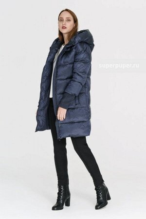 Топ Женская текстильная куртка на натуральном пуху с отделкой из трикотажа |Тёмно-синий| 100% нейлон+  трикотаж  (95%  акрил, 3% эластан, 2% полиэстер)|La Reine Blanche