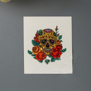 Татуировка на тело "Череп с розами и рубинами"