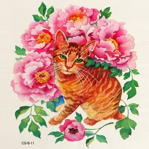 Татуировка на тело цветная "Рыжий котик в цветах" 19х14 см