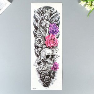 Татуировка на тело чёрная с цветом "Череп, карты и цветы" 48х17 см