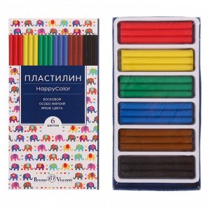 Пластилин мягкий (восковой) 6 цветов, 125г , Happycolor, МИКС