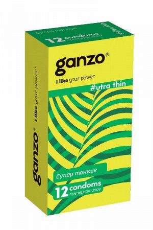 Презервативы Ganzo Ultra thin, ультра/супер тонкие, латекс, 18 см, 12 шт