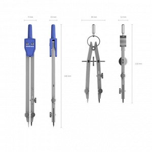 Готовальня Erich Krause University, 5 предметов, 140 мм, металлический циркуль с одной сгибаемой ножкой и максимальным радиусом 21.8 см, кронциркуль, удлинитель, держатель, грифель, европодвес
