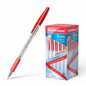 Ручка шариковая ErichKrause R-301 Classic Stick & Grip, узел 1.0 мм, чернила красные, резиновый упор, длина линии письма 800 метров