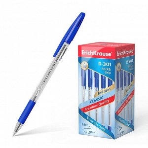 Ручка шариковая ErichKrause R-301 Classic Stick &amp; Grip, узел 1.0 мм, чернила синие, резиновый упор, длина линии письма 800 метров