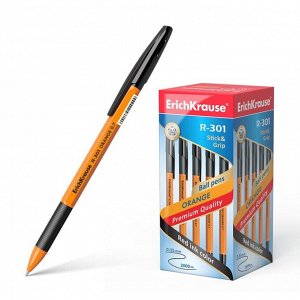 Ручка шариковая Erich Krause R-301 Orange Stick &amp; Grip, узел 0.7 мм, стержень чёрный, резиновый упор, длина линии письма 1000 метров