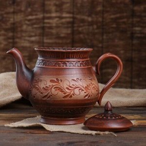 Чайный набор "Витязь" чайник-1 л и сахарница, роспись ангобом, красная глина, микс