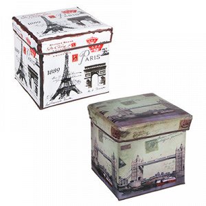 Пуфик-куб складной, ПУ, спанбонд, картон, 31х31х31см, до 80 кг, Путешествия, БЕЛЫЙ с башней