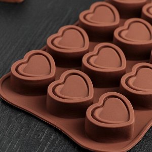 Форма для льда и кондитерских украшений Доляна «Сладкое сердце», 22x10,5 см, 15 ячеек (2,2x2,8 см), цвет шоколадный