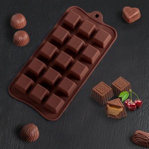 Форма для льда и кондитерских украшений Доляна «Шоколадные конфеты», 21,5x10x1,5 см, 15 ячеек, цвет шоколадный