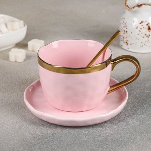 Чайная пара «Латона», чашка 250 мл, блюдце 13,5 см, ложка, цвет розовый