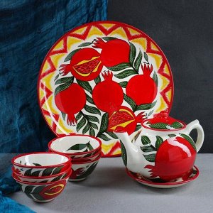 Набор чайный Шафран «Риштанская керамика», 9 предметов: чайник 1 л, пиалы 6 шт. 300-500 мл, ляган, блюдце, жёлтый