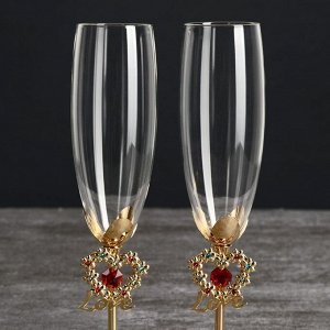 Бокалы свадебные с кристаллами "Цветущая любовь" золото 23,5х6,1 см (набор 2 шт)