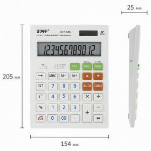 Калькулятор настольный STAFF STF-555-WHITE (205х154 мм), CORRECT, TAX, 12 разрядов, двойное питание, 250305