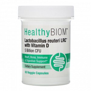 HealthyBiom, Lactobacillus Reuteri LRC с витамином D, 5 млрд КОЕ, 60 растительных капсул