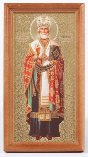 Икона в деревянной рамке Николай Чудотворец (ростовой, ковчег)