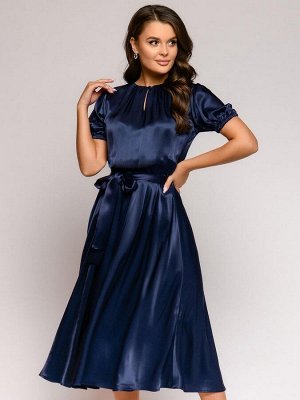 Платье темно-синее длины миди с короткими рукавами и поясом