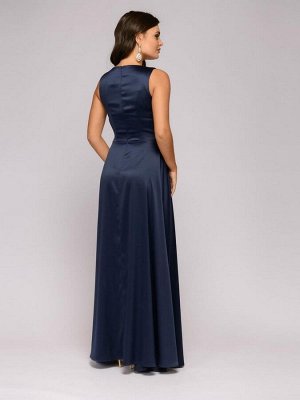 Платье темно-синее длины макси с лиловыми пайетками и разрезом на юбке