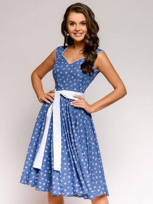 Платье синее с мелким принтом и поясом