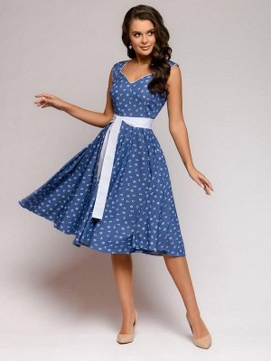 Платье синее с мелким принтом и поясом