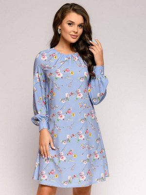 Платье голубое с цветочным принтом длины мини