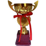 D85В+ Кубок открытая чаша высота 21см, с ручками, с медалью, на подставке с красной лентой
