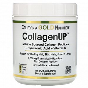 California Gold Nutrition, CollagenUP, морской гидролизованный коллаген с гиалуроновой кислотой и витамином С, без запаха, 464 г