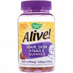 Nature&amp;#x27 - s Way, Alive! Жевательные таблетки для здоровья волос, кожи и ногтей, со вкусом клубники, 60 шт.