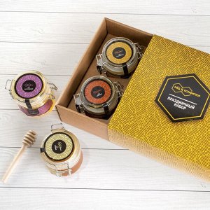 Подарочный набор Люкс желтый мёд липовый, расторопшевый, дягилевый, с прополисом бугель и ложечка медовая
