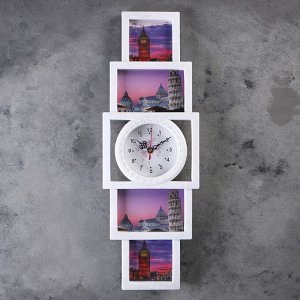 Часы настенные, серия: Фото, "Пирамида", 4 фоторамки, 10х10, 10х15, белые, 20х60 см, микс