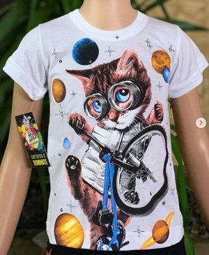Светящаяся футболка «Кот на велосипеде» белая