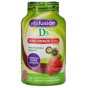 VitaFusion, Extra Strength D3, Bone & Immune Support, Natural Strawberry Flavor, 75 mcg, 120 Gum