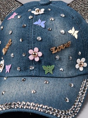 Кепка джинсовая с ушками, цветочки, love, голубой 47см - 50см (1,5-3 лет)
