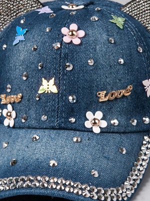 Кепка джинсовая с ушками, цветочки, love, синий 47см - 50см (1,5-3 лет)