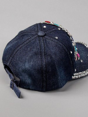 Кепка джинсовая для девочки, стрекоза из цветных камней, темно-синий 47см - 50см (1,5-3 лет)