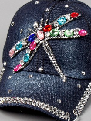 Кепка джинсовая для девочки, стрекоза из цветных камней, темно-синий 47см - 50см (1,5-3 лет)