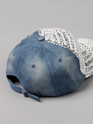 Кепка джинсовая для девочки, украшена бусинками и камушками, темно-голубой 56см - 58см (10-14 лет)
