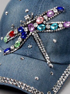 Кепка джинсовая для девочки, стрекоза из цветных камней, темно-голубой 47см - 50см (1,5-3 лет)