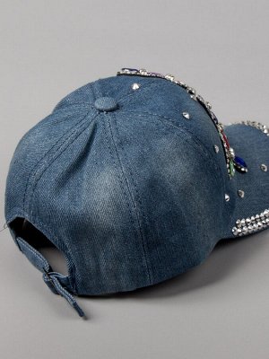 Кепка джинсовая для девочки, стрекоза из цветных камней, темно-голубой 47см - 50см (1,5-3 лет)