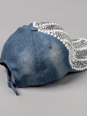 Кепка джинсовая для девочки, украшена бусинками и камушками, темно-голубой 56см - 58см (10-14 лет)