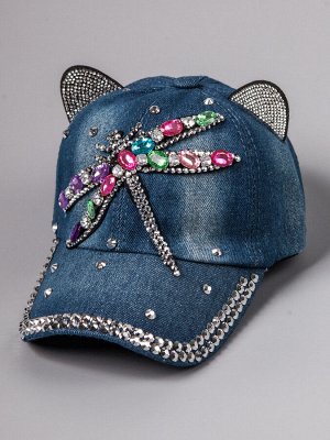 Кепка джинсовая с ушками, стрекоза из камней, темно-синий 47см - 50см (1,5-3 лет)