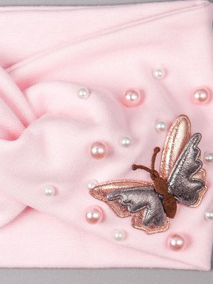 Повязка трикотажная для девочки, блестящая бабочка, бусинки, светло-розовый